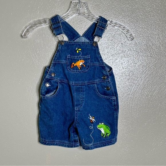 Simply Basic Denim Embroidered Frogs Overall Shorts Size 18 Months - Picture 1 of 8
